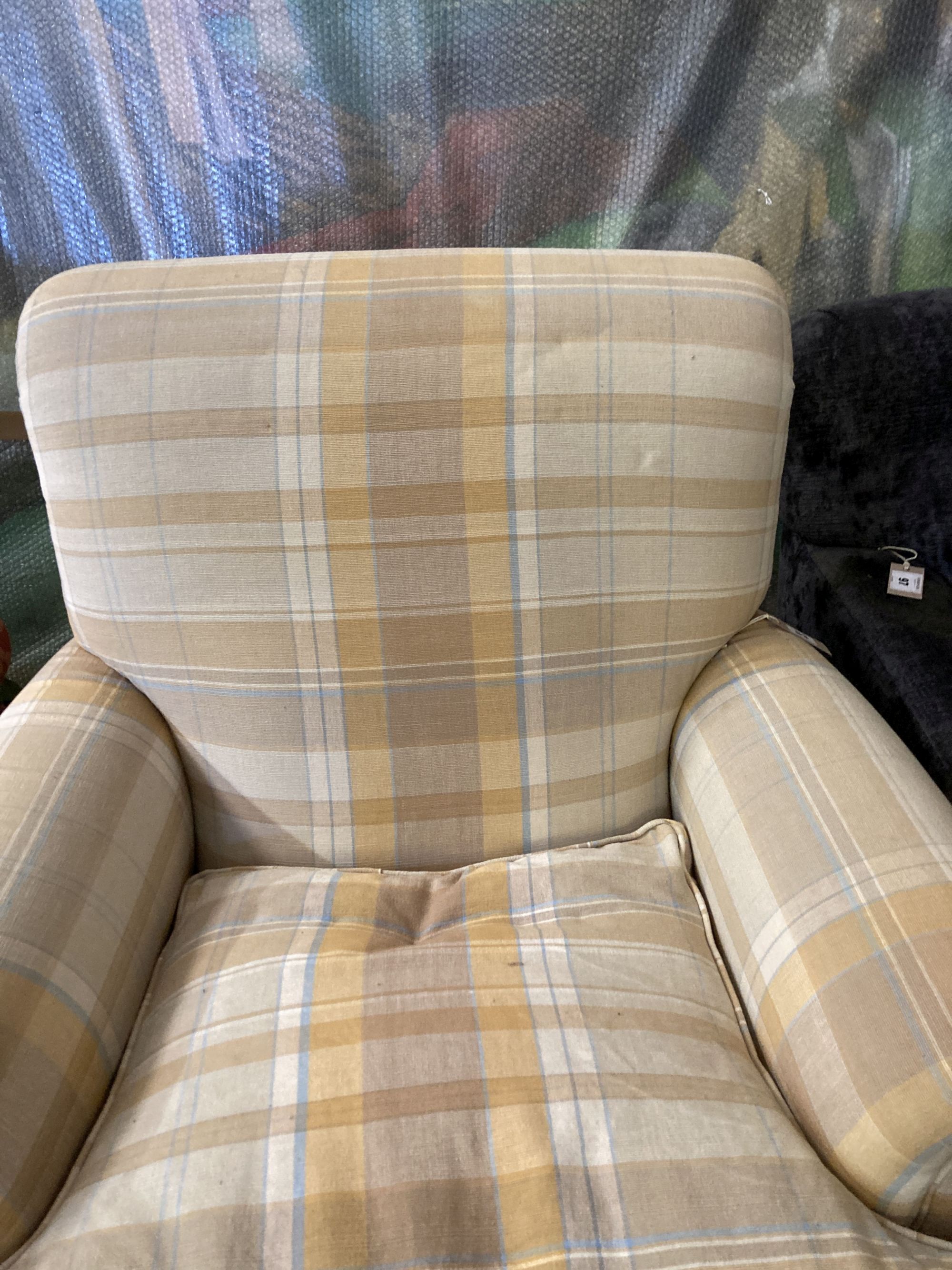 A modern Victorian style armchair, upholstered in cream ground chequered fabric, width 90cm, depth 84cm, height 90cm